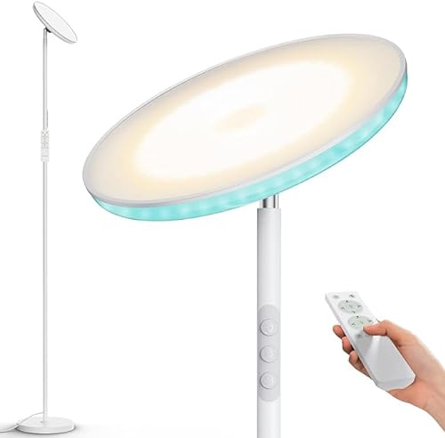 LED Deckenfluter, 3700LM Superhell Modern Dimmbar, 2700K-6500K Stehlampe Mit Fernbedienung Und Touch-Unterstützung, 5 Farbtemperaturen Mit Memory & Timer-Funktion Für Wohnzimmer - Weiß