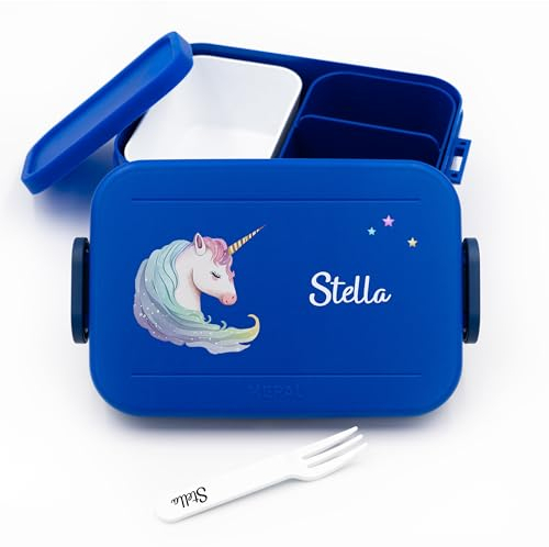 Geschenkfreude Personalisierte Brotdose Kinder Einhorn für Mepal - Lunchbox Kinder mit Trennwand Name, Kindergarten, Schule - Alles für den Schulanfang - Brotdose mit Namen