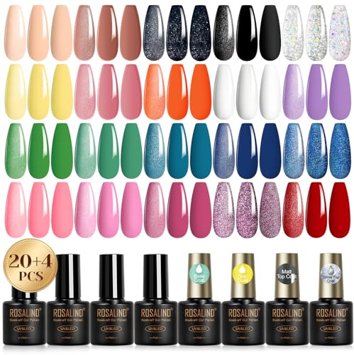ROSALIND UV Nagellack Set, 20+4 Stück Gel Nagellack mit Unterlack & Überlack, Matt & Glitzer Überlack, Mini Farbgel für Gelnägel Schwarz Gelb Orange Lila Grün Blau Rosa Rot Nagel Design