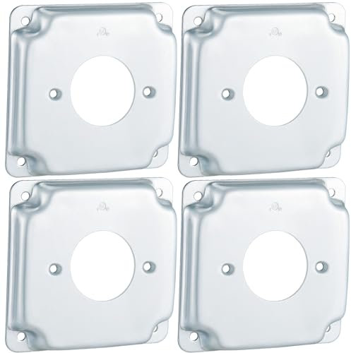 Copkim 4 Pcs Metal Receptacle Electrical Box Cover, Square Rectangle Exposed Work Cover Outlet Box Cover, Junction Box Cover for 4 Inch Electrical Box (1.620 Inch Round,4×4 Inch)
