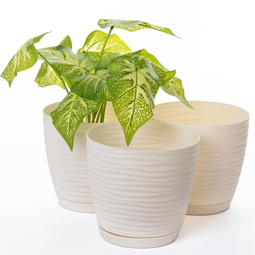 Home Garden Ornaments Pflanzentopf für Zimmerpflanzen,3er Set Blumentöpfe aus Kunststoff mit Wellenstruktur, Drainagelöchern Integriertem Untersetzer,für Innen & Außenbereich (11 cm, cremefarben)