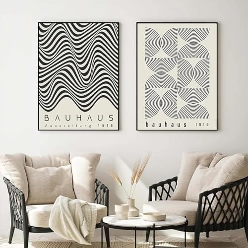 KemneT Vintage Bauhaus-Leinwandgemälde Wandbilder schwarze minimalistische Linie Wand Bilder Poster Kunstdrucke Schlafzimmer Wohnzimmer Heimdekoration 40 x 60 cm x 2 ungerahmt