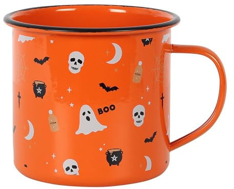 BelAya E Halloween Enamel Mug, Spooky Orange Print, 355ml, for Camping & Outdoors