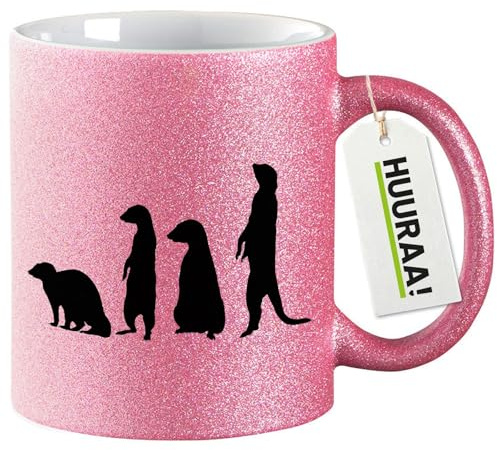 Huuraa Glitzertasse Erdmännchen Silhouette Geschenk | Motivtasse 330ml Glitzer Tasse mit Spruch Pink Keramik Kaffeebecher Geschenkidee Pinker Glitter Becher mit Motiv