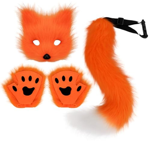 DRESHOW Cola de Zorro de Piel Sintética Peluche Gato de Lobo Máscara Disfraz de Fiesta de Halloween Guantes de la Pata Cosplay Set para Mujeres