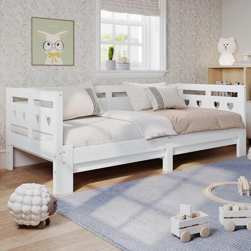 MSMOK Ausziehbar Bett,Kiefer massiv, mit 2. Schlafgelegenheit und Rollrost Herzform Bett Weiß,Daybett Tagesbett (90x200cm)