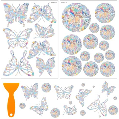 WEDAMOO 20 Stück Prisma Fensteraufkleber, Schmetterling/Rund Prismen Fensteraufkleber, Sonnenfänger Sticker, Fensteraufkleber Vogelschutz, Regenbogen Fenster Sticker Folie Gegen Vogelschlag