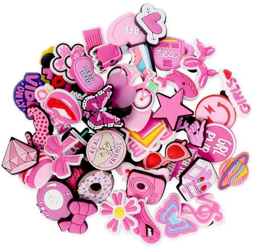 50Pcs Shoe Charms for Women, Crocs Pink Charms Accessories, Bling Crocs Charm DIY Sandals Croc Charm Cute Cartoon Shoe Buckle Decorations for Women Teenage