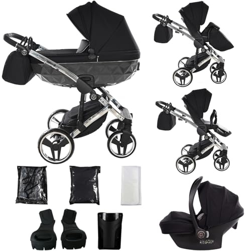 Junama Kinderwagen Diamond S 2in1 3in1 4in1 (01 - Schwarz und Silber, 3in1 mit Autositz)