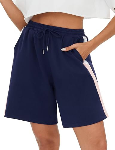 Terecey Pantaloncini Donna Estivi Leggero Asciugatura Rapida Pantaloni Corti Sportivi in Cotone Larghi Gamba Dritta Strisce Laterali Shorts da Casa Tennis con Tasche e Coulisse Regolabile, Blu Navy S