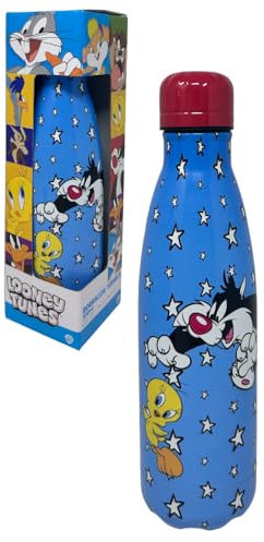 CARTOON Bottiglia termica in acciao inossidabile con tappo svitabile, borraccia termica in acciaio inox per bambini ragazzi, 500 ml (Titti e Silvestro, azzurro)