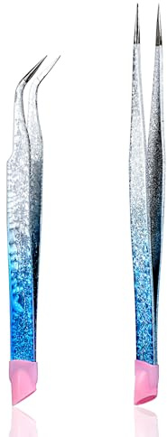 Ice Flower Colored Nail Tweezers for Nail Art, 2pcs Multifunctional Ice Flower Colored Nail Art Tweezers Straight Curved Tip Tweezers with Silicone Pressing Heador