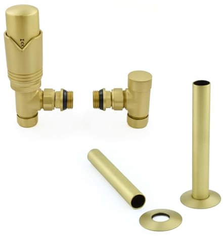 Realm Angled TRV Radiator Valve Set and Pipe Covers - Brushed Brass