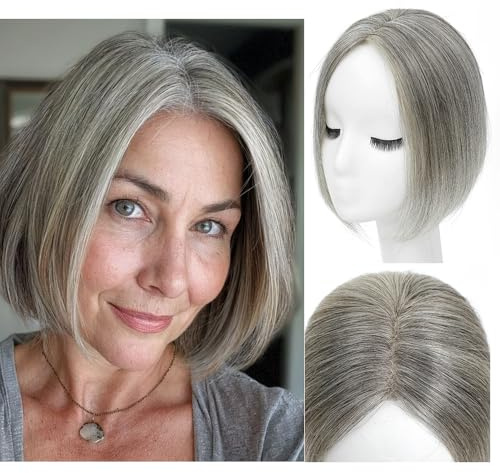 Lagomance Hair Toppers for Women Real Human Hair Toppers 100% Real Human Hairpieces for Women 10 inch Swiss Base Hairpieces for Thinning Hair（Mixed Light Grey）