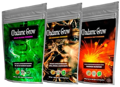 MADAME GROW Power Roots and Bloom Kit, Bewurzelungspulver 100 g + Wildblütenpulver 100g + Eponeca-Nusspulver 100 g, Bewurzelung, Dünger und Kompost für Pflanzen, Erde und Pflanzsubstrate