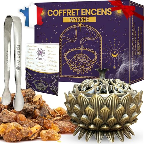 Coffret Encens Myrrhe Naturelle – 100g d'Encens Myrrhe, Encensoir et Pince en Acier Inoxydable – Idéal pour la Purification & Méditation