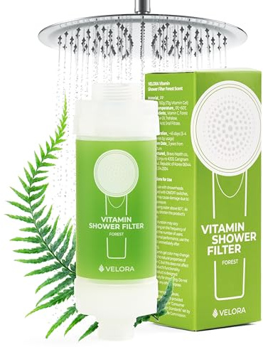 VELORA Vitamin Shower Filter, Forest-Scented Water Softener, Universal Inline Chlorine Remover, 8.5 x 3 x 6 inches