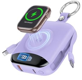 Portable Charger, 10000mAh 22.5W Fast Charging Power Bank with Built in Cables, Travel Keychain Battery Pack with LED Display for Apple Watch Ultra 2/9/8/Ultra/7/6/SE/5, iPhone 16/15/14/13/12 Purple