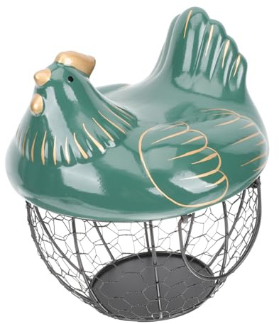 PartyKindom Hen Shaped Egg Storage Basket Ceramic Cover and Iron Wire Mesh Portable Kitchen Egg Holder and Home Organization Green Gold Trim