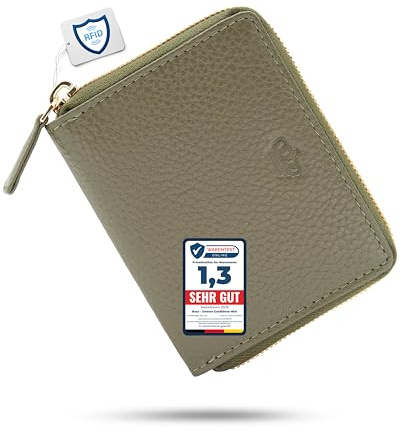 Baur – Kleine Damen Geldbörse aus Leder (Gold Reißverschluss, Olive-Grün) | Kleines Portemonnaie, RFID-Schutz, 6 Kartenfächer, goldener Rundumreißverschluss aus Metall, geprägtes Rindsleder