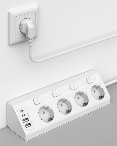 Ecksteckdosen-Steckdosenleiste, einzeln schaltbar, 4 Fach mit 4 USB (2X USB-C + 2X USB-A), Überspannungsschutz, Berührungsschutz, 2m Kabel, 3680W für Küche, Büro und Haushalt