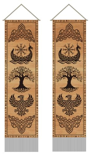 AHANDMAKER 2 arazzi verticali lunghi da appendere alla parete, in legno, con albero della vita e corvo, motivo mitologico, rune, nappe, decorazione per camera da letto, soggiorno, ufficio, 110 x 33 cm