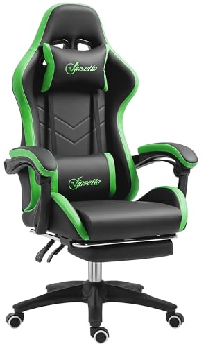 Vinsetto Silla Gaming Ergonómica Reclinable 135°, Silla Gamer Racing de Cuero PU con Soporte Lumbar, Altura Ajustable, Reposacabezas y Reposapiés Retráctil, para Oficina, Estudio, Negro y Verde