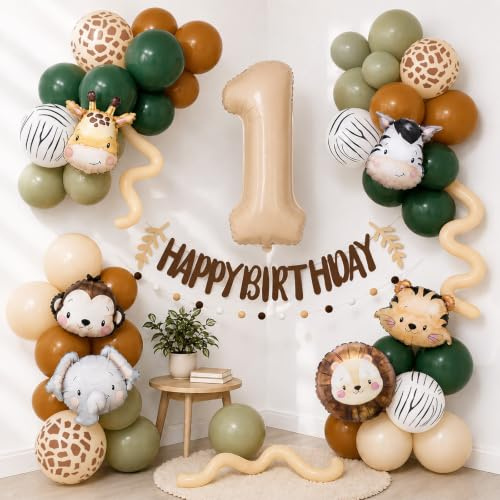 Wuokkig Safari Deko 1. Geburtstag Junge,Dschungel Safari Luftballons Set | 55 Teile Wild One Deko 1. Geburtstag, Safari Wild One Set mit 81,3 cm Zahlenballon,Tier Folienballons,Happy Birthday Banner