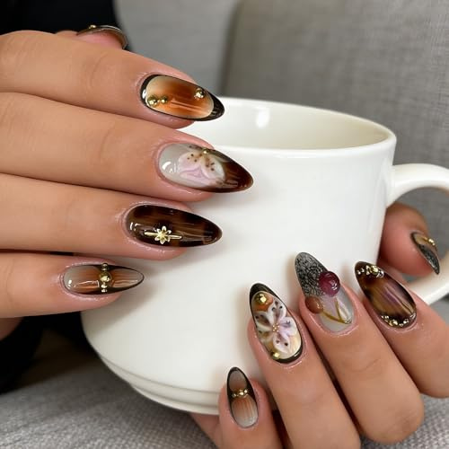 24Pcs Brown Leopard Press on Nails Medium Almond Fake Nails with 3D Gold Beads Designs French Nails Tip Cute Cherry False Nails Full Cover Flower Leopard Print Almond Press on Y2k Nail Set for Women