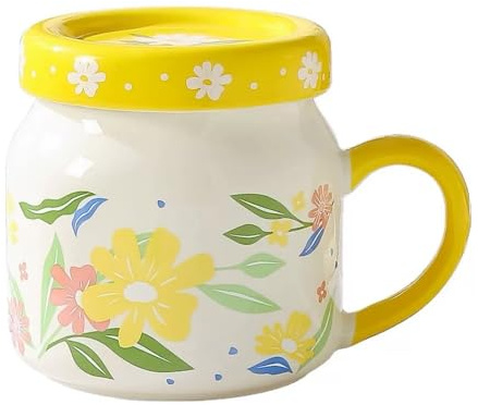 SuperglockT süße Blumentasse Porzellan Kaffeebecher handbemalt Blumenmuster Kakaobecher mit Deckel Milchbecher Cappuccinotasse Geschenk für Mädchen Mutter Oma Freundin (Gelb)