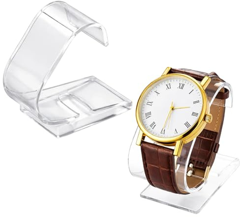BrKern 2 Stück Uhrenständer Acryl Transparent – Universal Uhrenhalter & Armbandständer für Herren & Damen – C-Form Uhr Halter für Vitrine, Geschäft & Zuhause (7,5 x 6,4 x 3,5 cm)