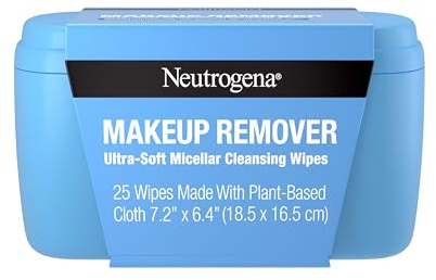 Neutrogena Makeup Remover Wipes, Daily Ultra-Soft Micellar Cleansing Wipes Gently Re-move Oil & Makeup with No Heavy Residue, formulated without alcohol & Made with Plant-Based Cloth, 25 Ct with Case