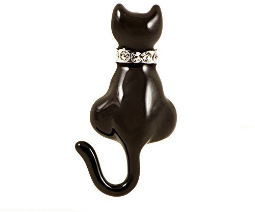 Damen-Brosche Katze Schwarz Emaille Kristalle Messing Versilbert 4,5 cm