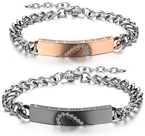 JewelryWe Pärchen Armband Herz Panzerkette: 2pcs Herren Damen Edelstahl Zirkonia Love Herz Puzzle Armkette Armreif Lieben Freundschaftsarmband Valentinstag Paar Geschenk Schwarz Rosegold Silber