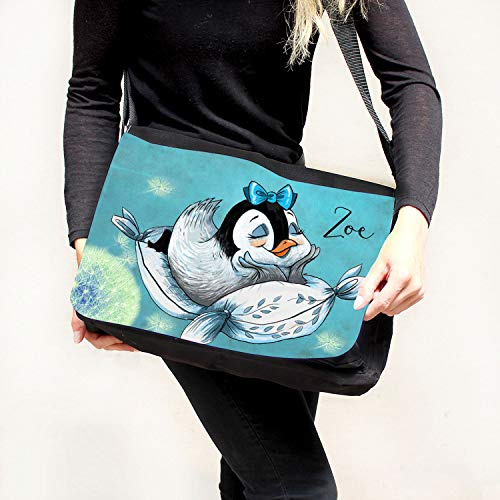 ilka parey wandtattoo-welt Schultertasche Schultasche Tasche Umhängetasche mit Mädchen Pinguin auf Kissen Pusteblume & Wunschname tsu54
