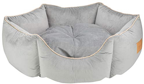 MOOI Crown Hundebett aus kuscheligem Velvetstoff, Füllung aus hautsympathischen 100% Polyester-Watte und Kügelchen, waschmaschinengeeignet bei 30 Degree C, in 3 Größen verfügbar Grau 60 x 68 x 22 cm