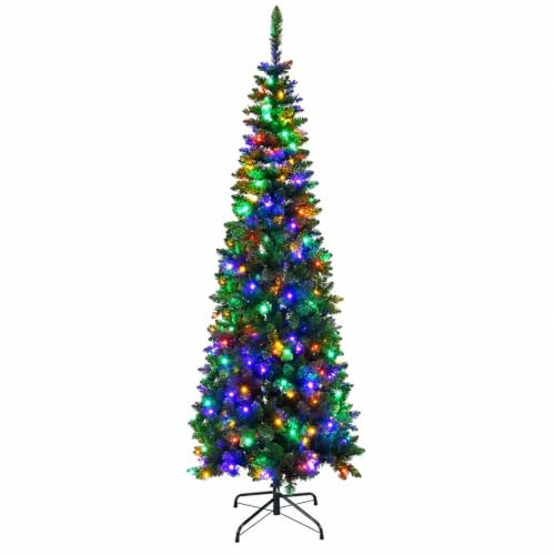 5Ft/1.5m Pre-Lit Artificial Slim Christmas Tree Green Pencil Tree, Pointed Tips, Metal Stand Multicolour LEDs Lights Holiday Home Decorations