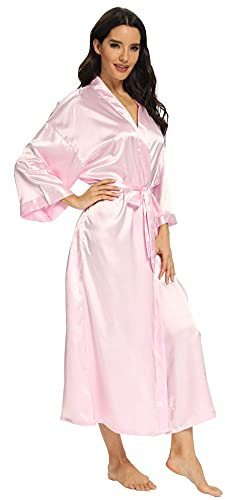 MizzGenio Peignoir long en satin léger pour femme, Rose pur, S-M