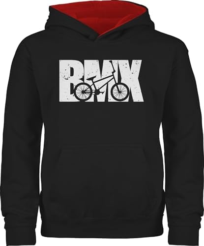 Pullover Kinder Hoodie Jungen Mädchen - Sport Kleidung - Bmx Fahrrad weiß - 140 (9/11 Jahre) - Schwarz/Rot - hoody ohne kordel polower kinderpullover polova hoodies kapuzenpullover für jungs