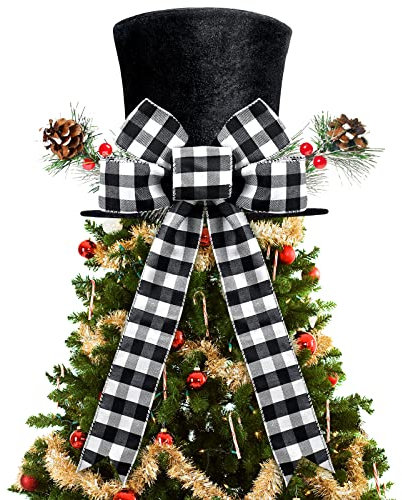 Yoochee Christmas Tree Topper Hat, Black Velvet Xmas Tree Toppers with Classical Buffalo Plaid Big Bow tie and Lengthened Ribbon, Tree Topper for Christmas Holiday Party Home Decorations, Xmas Decor
