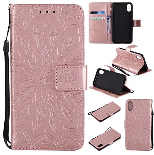 Ttianfa Cover Custodia Flip per APPLE IPHONE X con 2& Vetro Temperato [2 Slot per Carte 1+Portafoglio] [Chiusura Magnetica] [Supporto] Goffratura Girasole Fiore cordino 360° Antiurto,Rosa