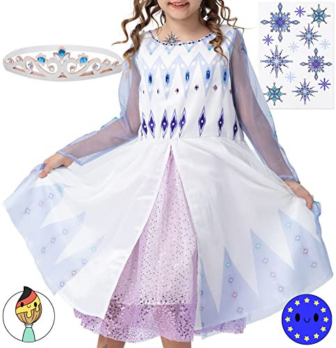 corimori Eiskönigin Kostüm Kleid für Elsa Fans | mit Tattoos & Diadem | Prinzessinenkleid für Fasching | hellblau-weiß, Größe 104/110