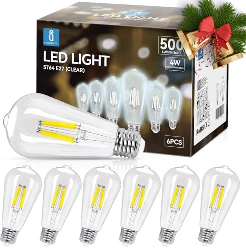 Aigostar E27 Filament LED Lampe 4W (Ersetzt 40W),Kaltweiß 6500K,470 Lumen,ST64 LED Leuchtmittel,Nicht Dimmbar-6 Stück