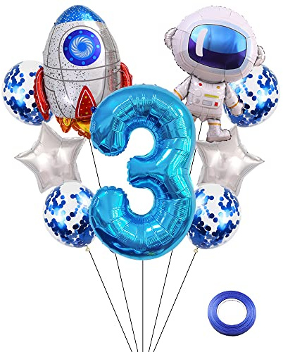 Kawailay Weltraum Luftballon Set Astronauten Geburtstag Deko 3 jahre Astronauten Raketen Folienballon Blau Zahl 3 Luftballons Aluminium Ballon für Kinder Jungen Mädchen Geburtstag Party