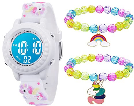 Mamiddle Kinderuhr Digital für Jungen Mädchen 3ATM Wasserdicht Kinder Armbanduhr mit Wecker Datum Stoppuhr Kinder Uhr für 3-10 Jahre (Weißes Einhorn Set)