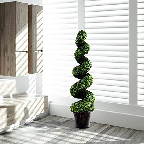 TANGZON 120CM Artificial Boxwood Spiral Topiary Tree, Evergreen Fake Buxus Plant in Plastic Pot with Realistic Leaves & Twined Branches, Faux Potted Plants for Home Office Porch Decoration (1 Pack)