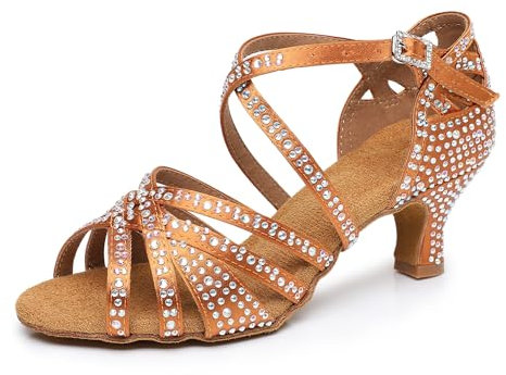 Rosefinch Scarpe da Ballo Latino da Donna con Strass Fondo Morbido Modern Pole Dance Ballroom da Sposa Scarpe Latine Regolabili per Ragazze Signore Marrone 5cm Tacco 40 EU