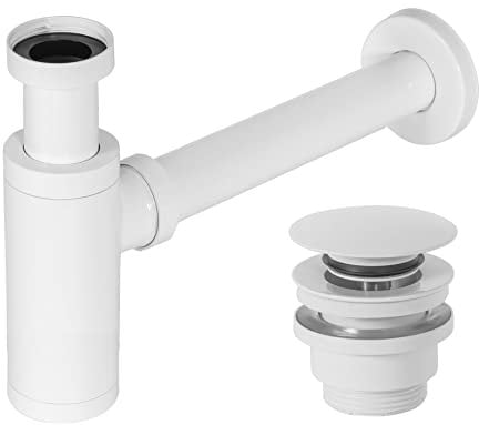 Rea Siphon + Click Clack Waschbeckenstöpsel Universal Weiß für Waschbecken & Waschtisch aus Messing (Weiß)