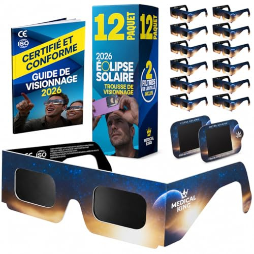 Gafas Eclipse Solar 2026 - Lote de 12 pares Premium con 2 filtros solares para smartphone, gafas Eclipse Solar ISO 12312-2, con certificación CE, protección de los ojos para la observación del sol