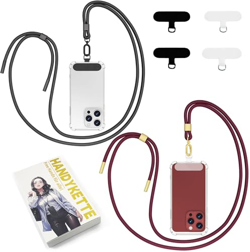 Qyoocom Handyband Universal für alle Smartphones,2 Stück Schlüsselband Kette zum Umhängen mit 4 Universelles Pad,Einstellbar und Abnehmbar. (Schwarz+Rot)